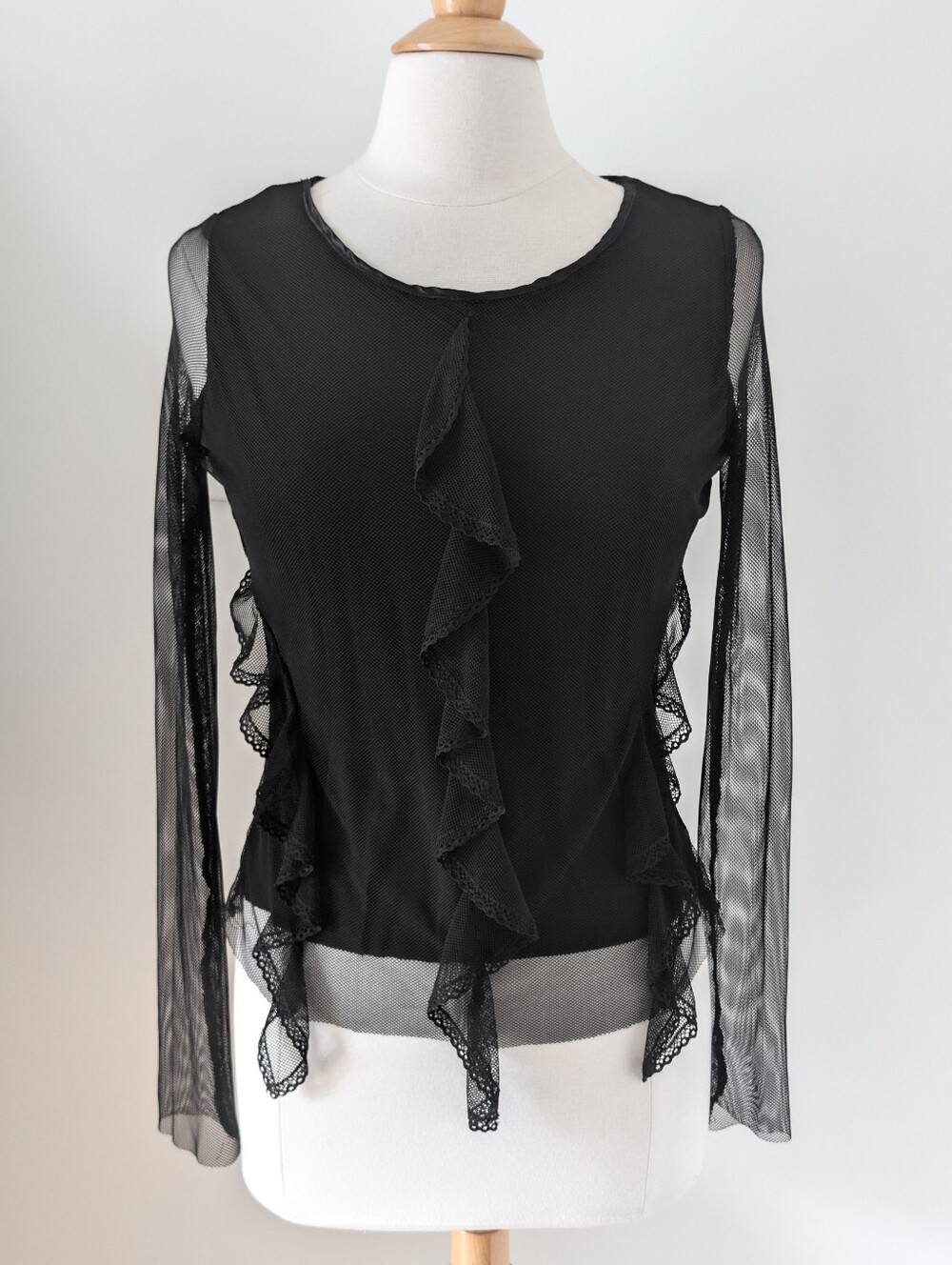 MADE IN CANADA - Fresh FX vintage Y2K black sheer mesh lace ruffle top SMALL